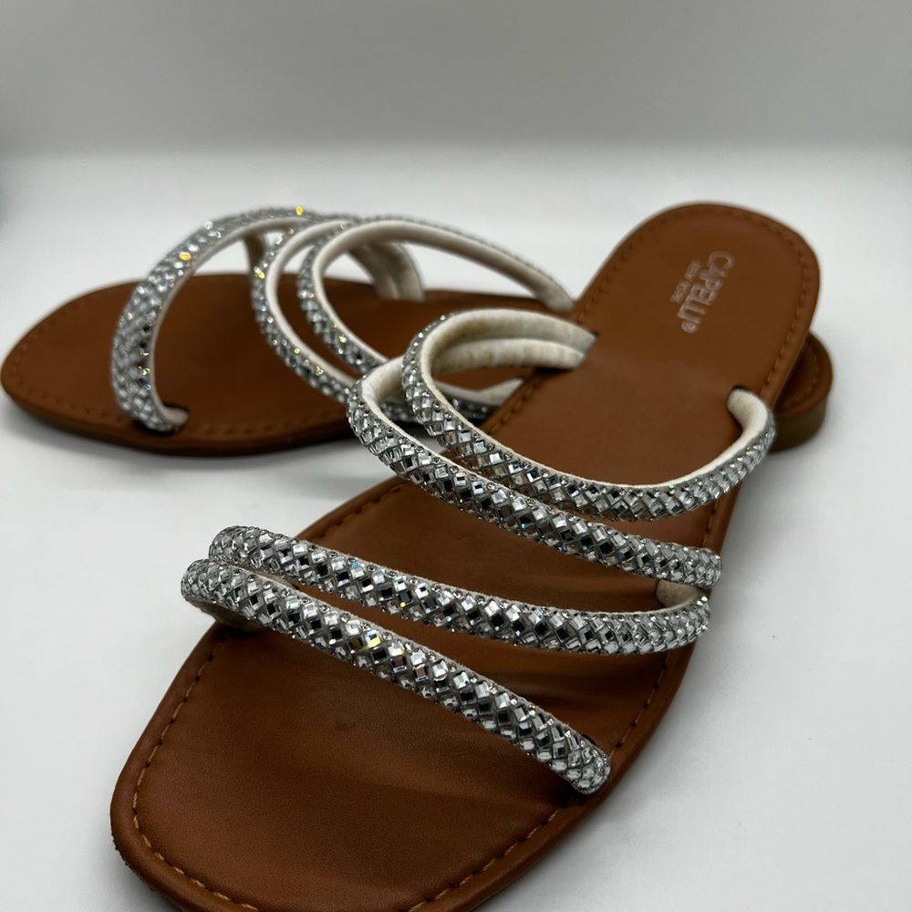 Capelli New York Silver Strappy Gemstone Flat Sandals - Size 8